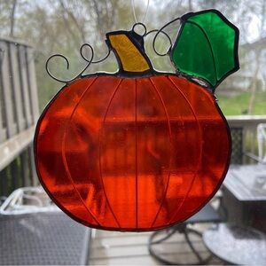 Stain Glass Pumpkin With Leaf  Halloween Sun Catcher